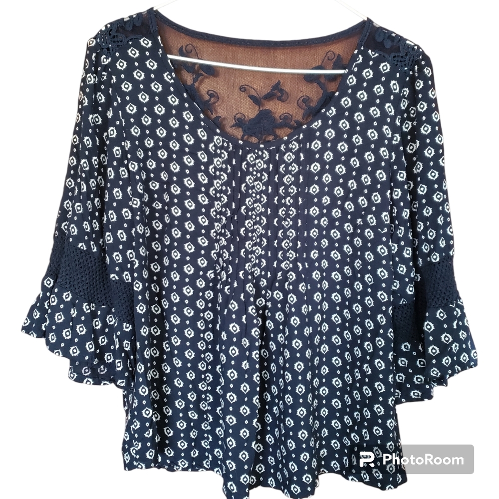 Womens Hannah Country Farm Flowy Peasant lace back Geometric blouse size S